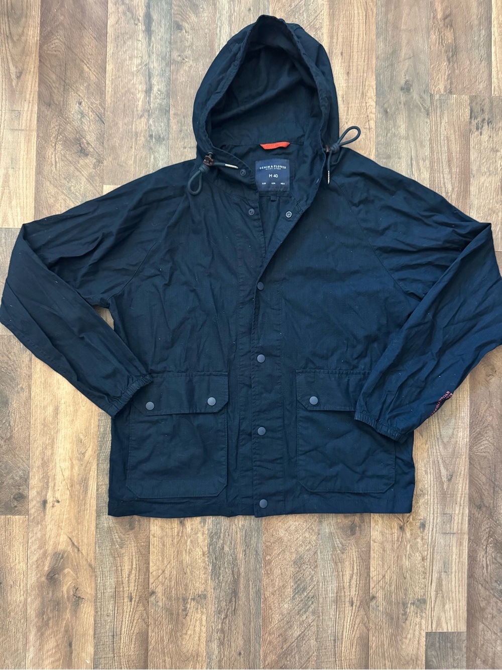 Denim & Flower Men’s Navy Blue Hooded Utility Jacket Size Medium 40